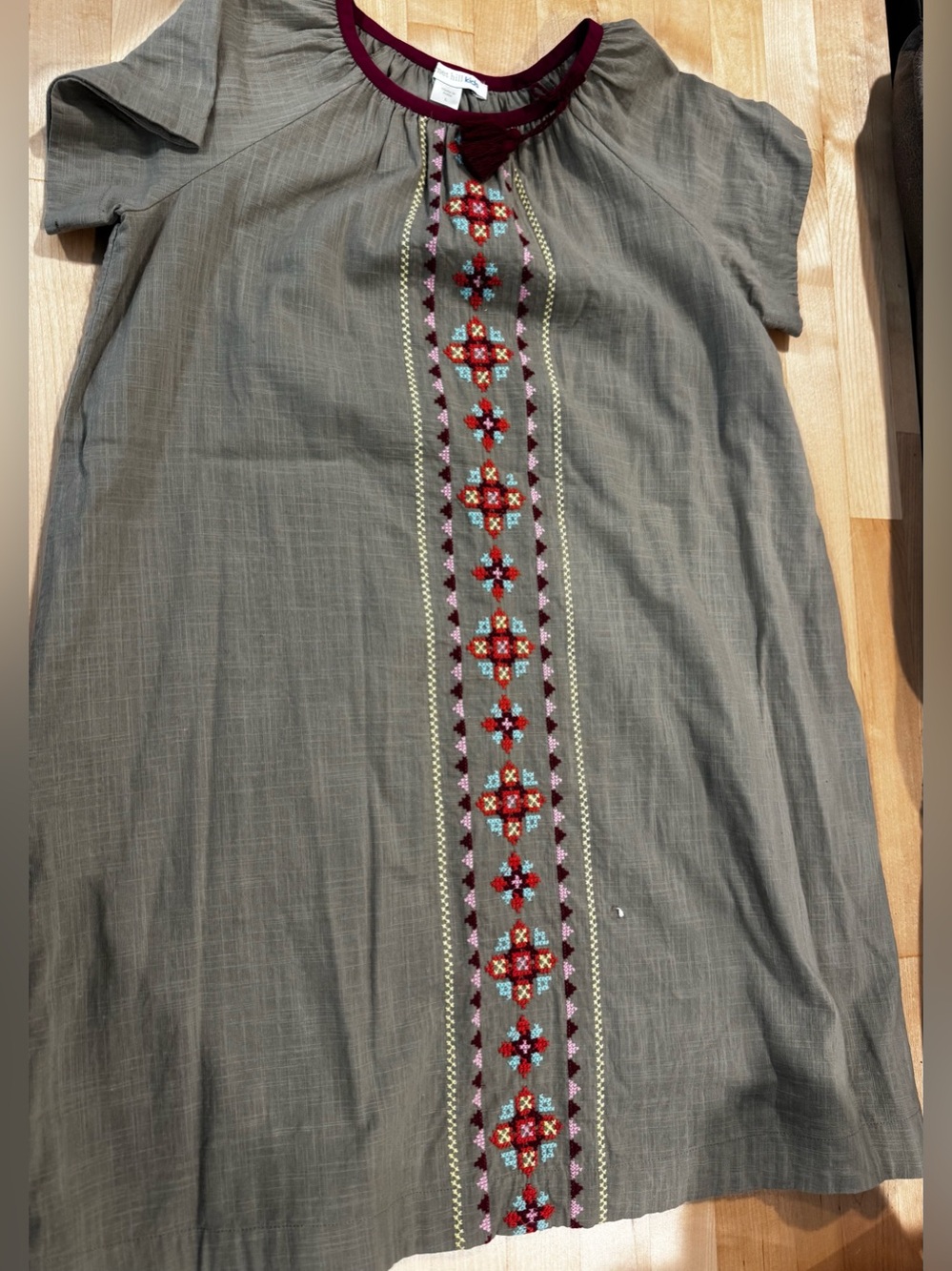 Garnet Hill Kids- Embroidered Olive Green Shift Dress with Burgundy Trim